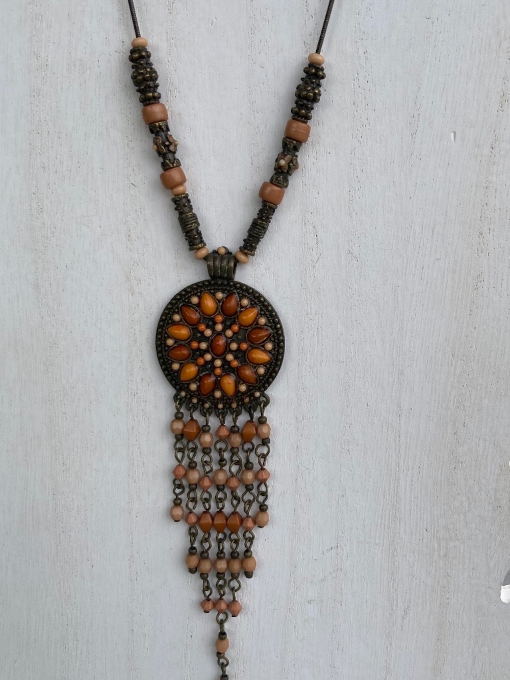 Express Pendant Necklace Brass with shades of brown beads 16” Vintage